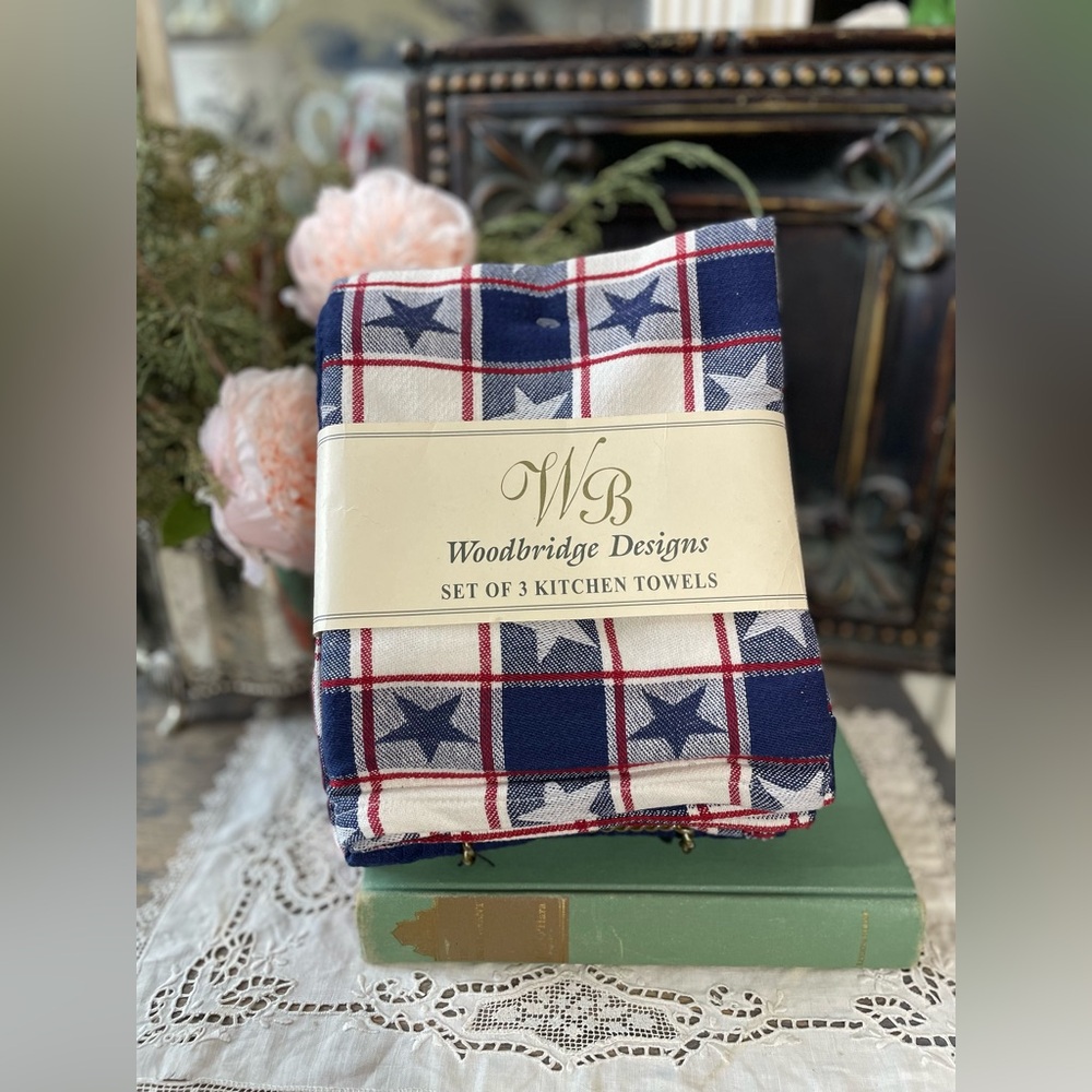 Woodbridge red white blue cotton kitchen towels farmhouse patriotic set of 3
New